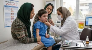 معاینه پزشکی کودک مبتلا به تب ناگهانی در کلینیک